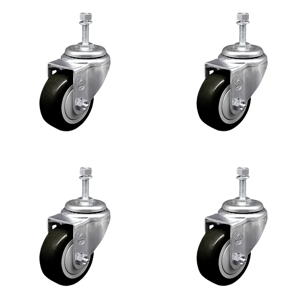 Polyurethane Swivel Threaded Stem Caster Set of 4 w/3.5" x 1.25" Black Wheels and 10mm Stems - Includes 4 Swivel - 1200 lbs Total Capacity - Service Caster Brand — photo 1