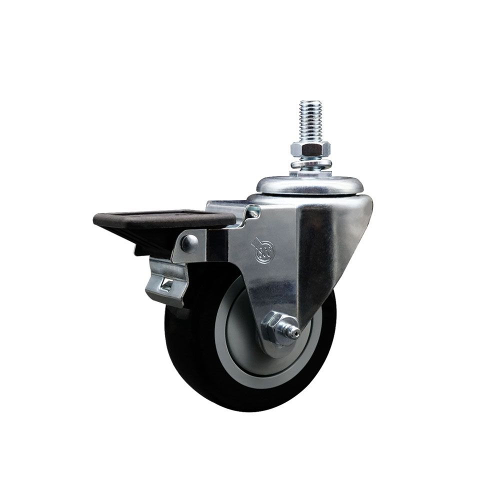 Polyurethane Swivel Threaded Stem Caster w/3.5" x 1.25" Black Wheel and 1/2" Stem & Posi Locking Brake - 300 lbs Capacity/Caster - Service Caster Brand — photo 1