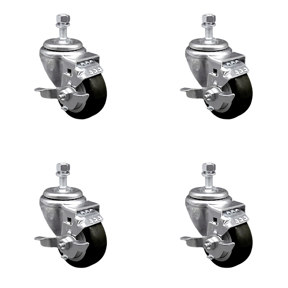 Polyurethane Swivel Threaded Stem Caster Set of 4 w/3.5" x 1.25" Black Wheels and 1/2" Stems - Includes 4 with Top Lock Brakes - 1200 lbs Total Capacity - Service Caster Brand — photo 1