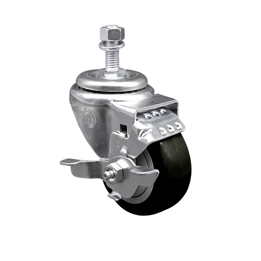 Polyurethane Swivel Threaded Stem Caster w/3.5" x 1.25"  Black Wheel and 1/2" Stem & Top Locking Brake - 300 lbs Capacity/Caster - Service Caster Brand — photo 1