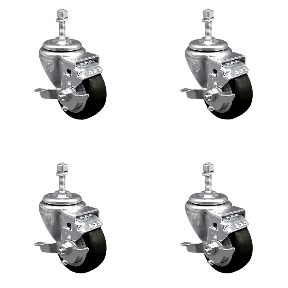 Polyurethane Swivel Threaded Stem Caster Set of 4 w/3.5" x 1.25" Black Wheels and 3/8" Stems - Includes 4 with Top Lock Brakes - 1200 lbs Total Capacity - Service Caster Brand — photo 1