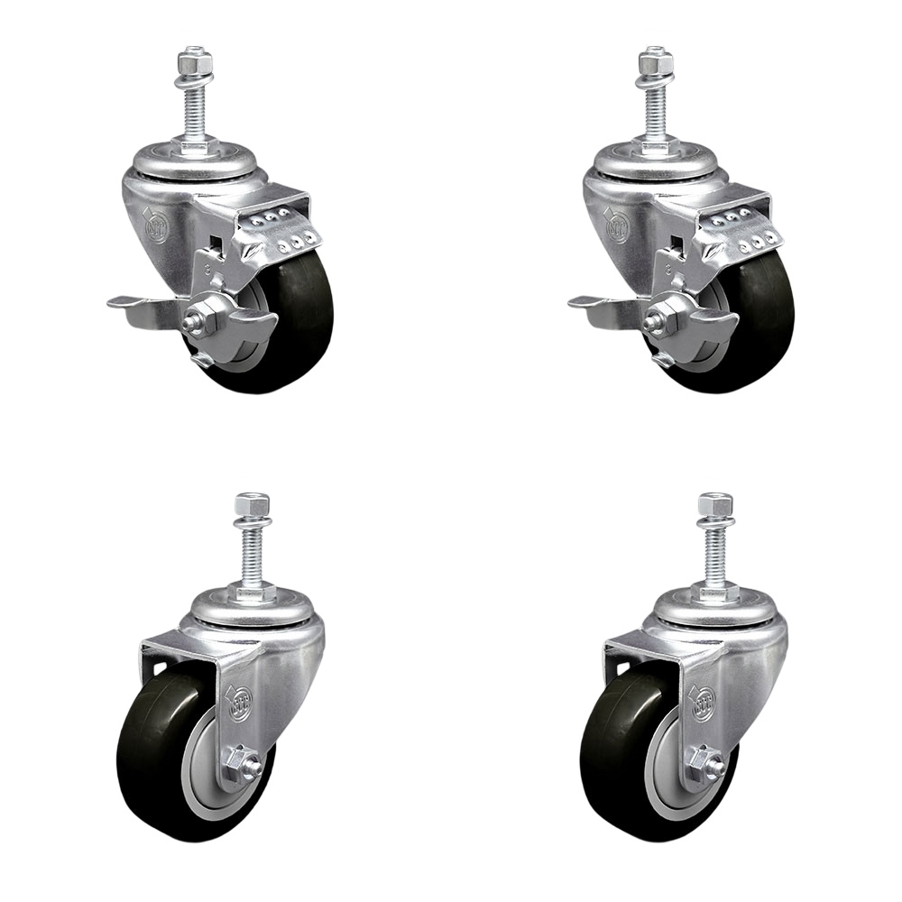 Polyurethane Swivel Threaded Stem Caster Set of 4 w/3.5" x 1.25"  Black Wheels and 10mm Stems - Includes 2 with Top Locking Brake - 1200 lbs Total Capacity - Service Caster Brand — photo 1