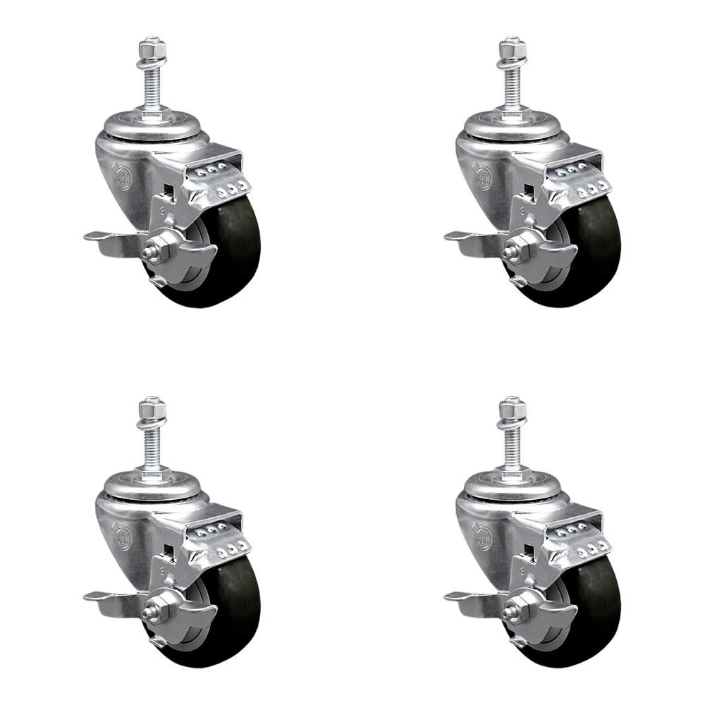 Polyurethane Swivel Threaded Stem Caster Set of 4 w/3.5" x 1.25" Black Wheels and 10mm Stems - Includes 4 with Top Lock Brakes - 1200 lbs Total Capacity - Service Caster Brand — photo 1