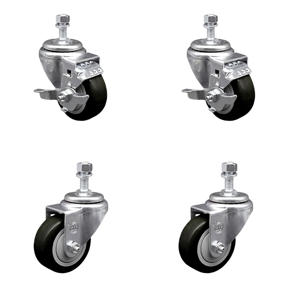Polyurethane Swivel Threaded Stem Caster Set of 4 w/3.5" x 1.25"  Black Wheels and 12mm Stems - Includes 2 with Top Locking Brake - 1200 lbs Total Capacity - Service Caster Brand — photo 1