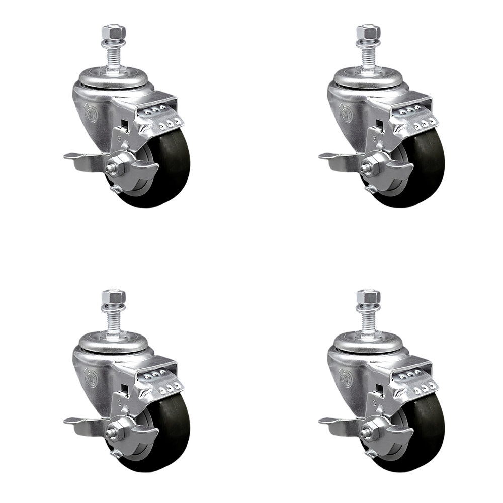 Polyurethane Swivel Threaded Stem Caster Set of 4 w/3.5" x 1.25" Black Wheels and 12mm Stems - Includes 4 with Top Lock Brakes - 1200 lbs Total Capacity - Service Caster Brand — photo 1