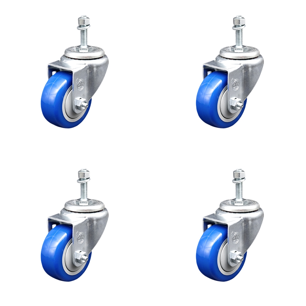 Polyurethane Swivel Threaded Stem Caster Set of 4 w/3.5" x 1.25" Blue Wheels and 3/8" Stems - Includes 4 Swivel - 1200 lbs Total Capacity - Service Caster Brand — photo 1