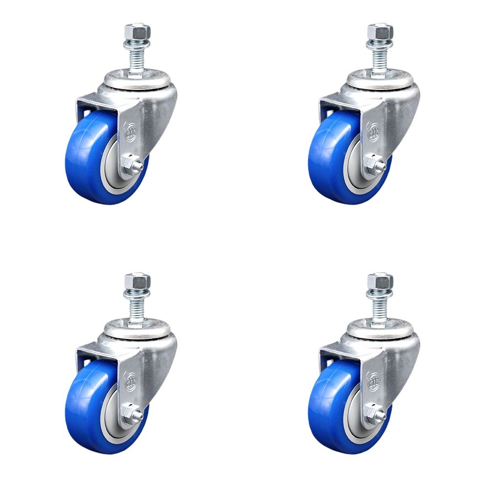 Polyurethane Swivel Threaded Stem Caster Set of 4 w/3.5" x 1.25" Blue Wheels and 12mm Stems - Includes 4 Swivel - 1200 lbs Total Capacity - Service Caster Brand — photo 1