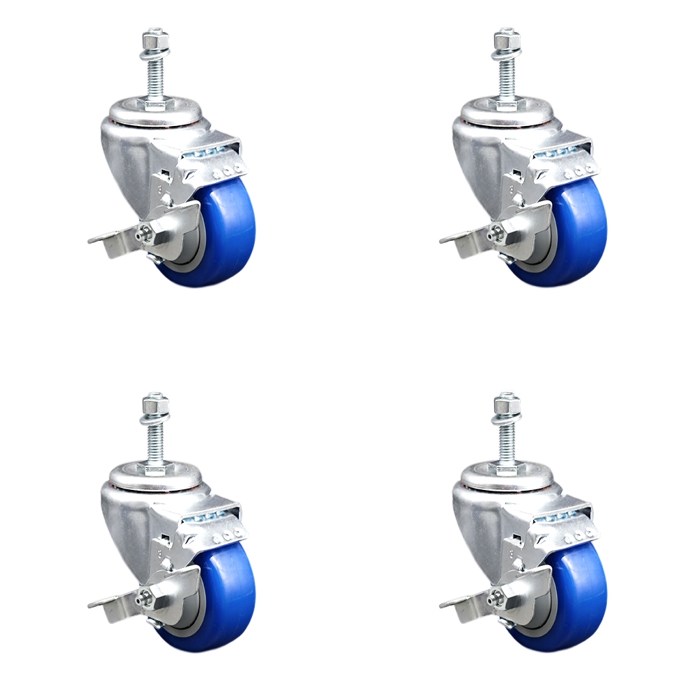 Polyurethane Swivel Threaded Stem Caster Set of 4 w/3.5" x 1.25" Blue Wheels and 3/8" Stems - Includes 4 with Top Lock Brakes - 1200 lbs Total Capacity - Service Caster Brand — photo 1