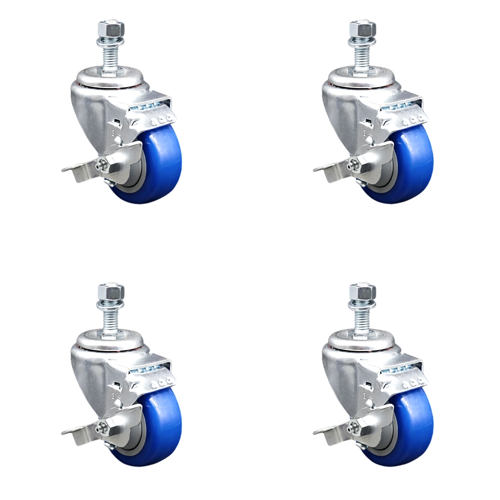 Polyurethane Swivel Threaded Stem Caster Set of 4 w/3.5" x 1.25" Blue Wheels and 12mm Stems - Includes 4 with Top Lock Brakes - 1200 lbs Total Capacity - Service Caster Brand — photo 1