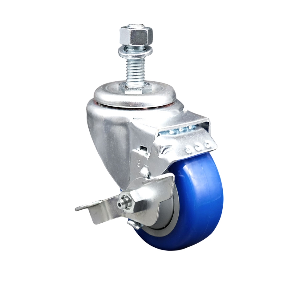 Polyurethane Swivel Threaded Stem Caster w/3.5" x 1.25"  Blue Wheel and 12mm Stem & Top Locking Brake - 300 lbs Capacity/Caster - Service Caster Brand — photo 1