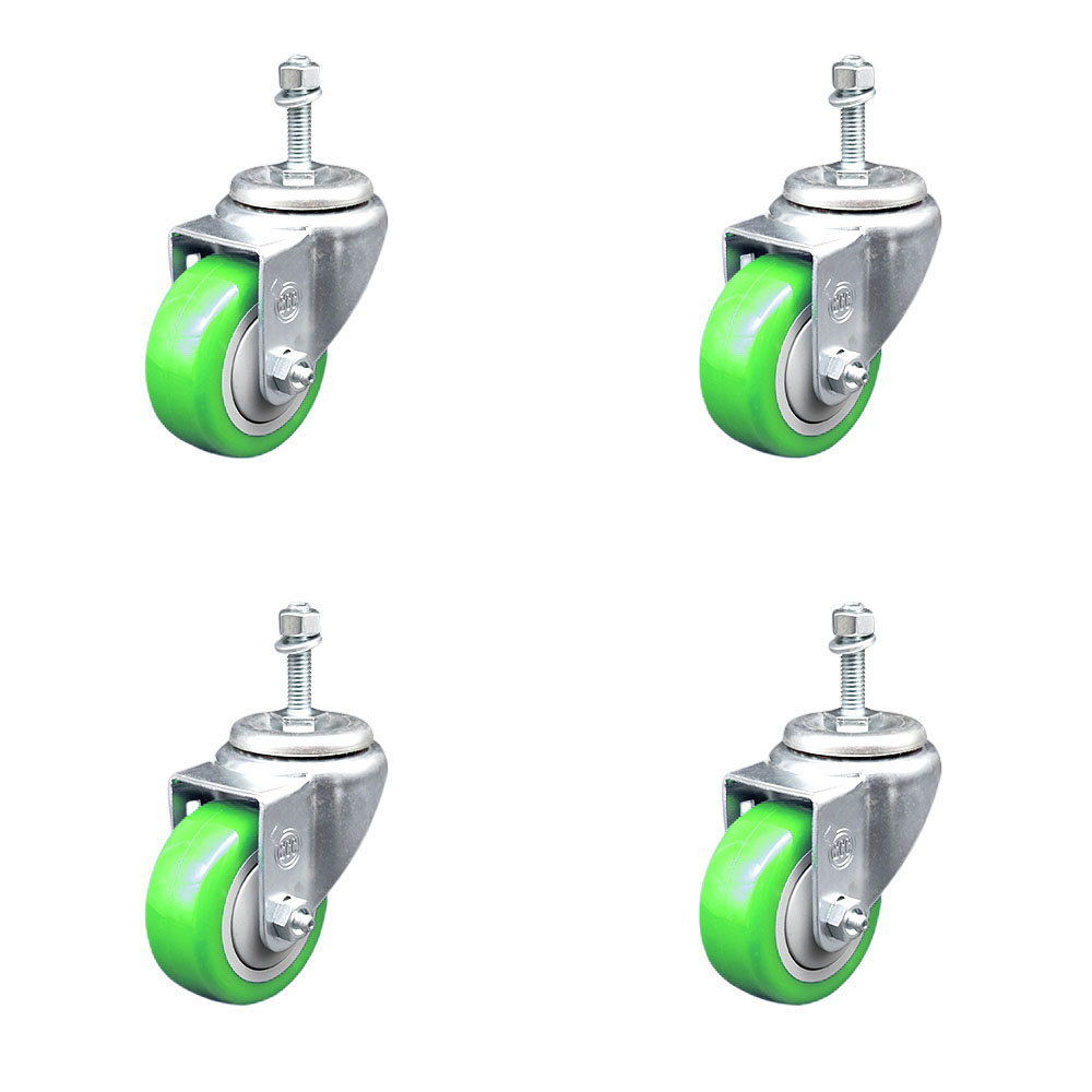 Polyurethane Swivel Threaded Stem Caster Set of 4 w/3.5" x 1.25" Green Wheels and 3/8" Stems - Includes 4 Swivel - 1200 lbs Total Capacity - Service Caster Brand — photo 1