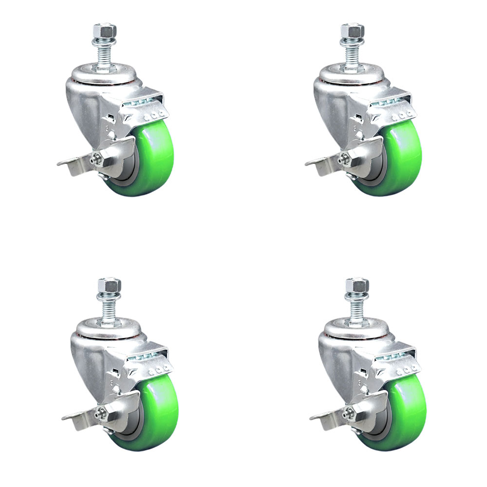 Polyurethane Swivel Threaded Stem Caster Set of 4 w/3.5" x 1.25" Green Wheels and 1/2" Stems - Includes 4 with Top Lock Brakes - 1200 lbs Total Capacity - Service Caster Brand — photo 1