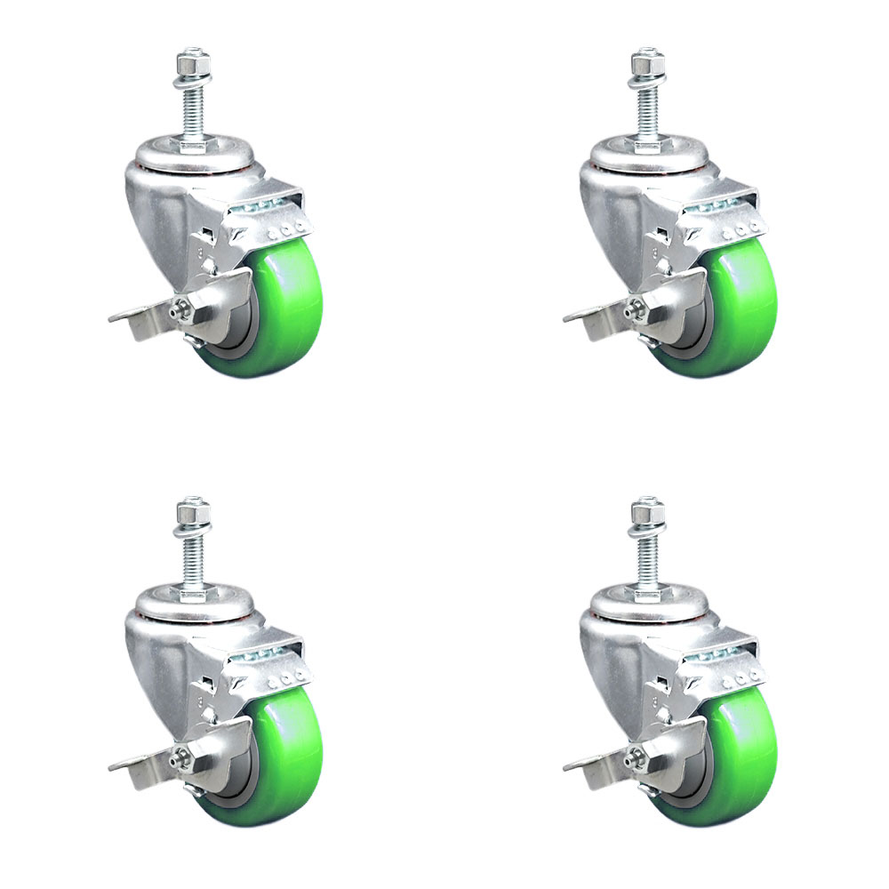 Polyurethane Swivel Threaded Stem Caster Set of 4 w/3.5" x 1.25" Green Wheels and 10mm Stems - Includes 4 with Top Lock Brakes - 1200 lbs Total Capacity - Service Caster Brand — photo 1