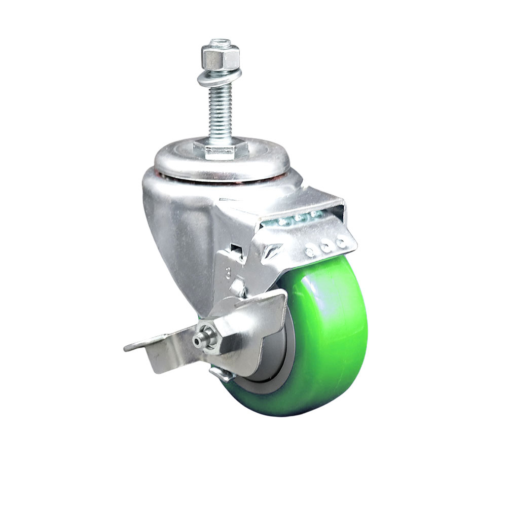 Polyurethane Swivel Threaded Stem Caster w/3.5" x 1.25" Green Wheel and 10mm Stem & Top Locking Brake - 300 lbs Capacity/Caster - Service Caster Brand — photo 1