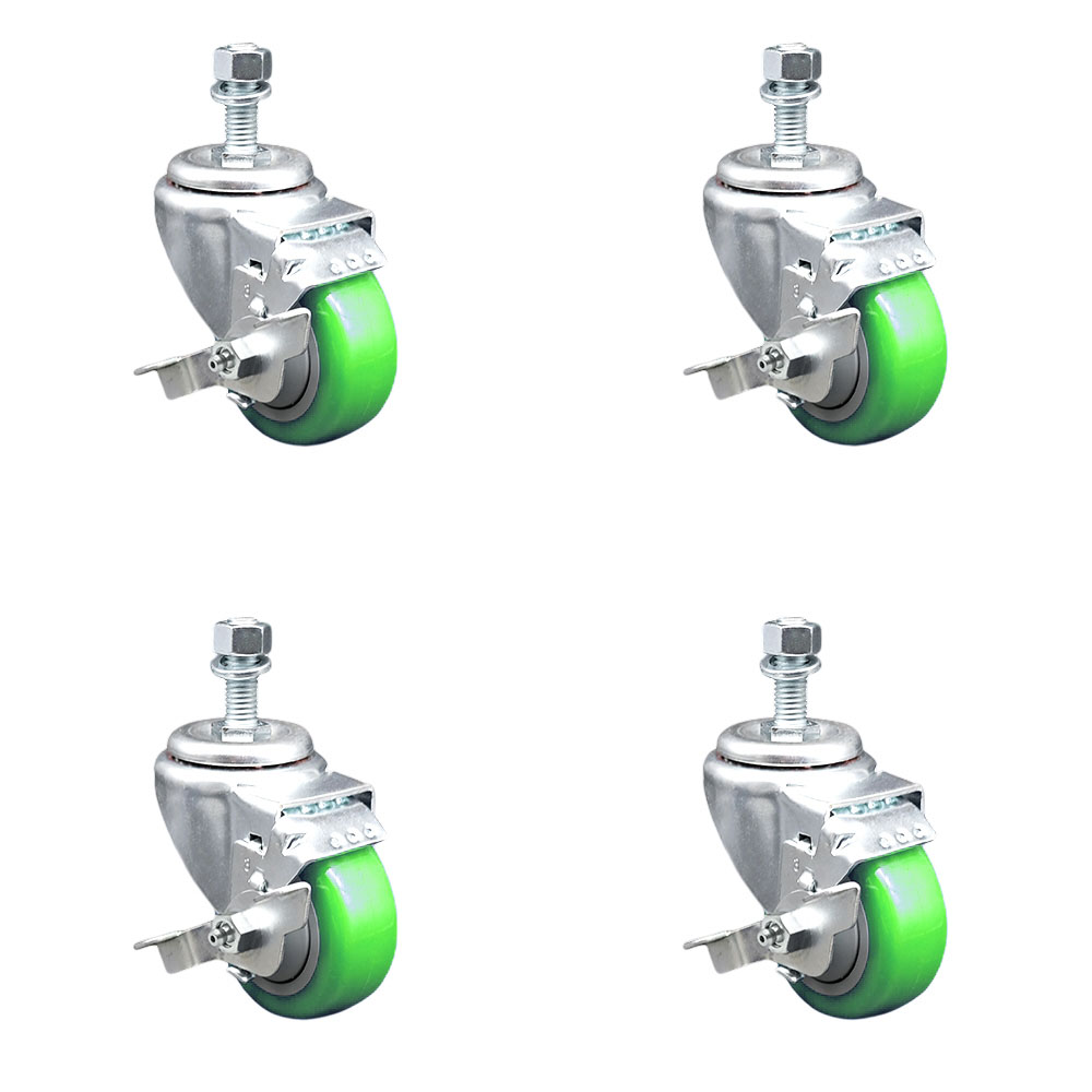 Polyurethane Swivel Threaded Stem Caster Set of 4 w/3.5" x 1.25" Green Wheels and 12mm Stems - Includes 4 with Top Lock Brakes - 1200 lbs Total Capacity - Service Caster Brand — photo 1