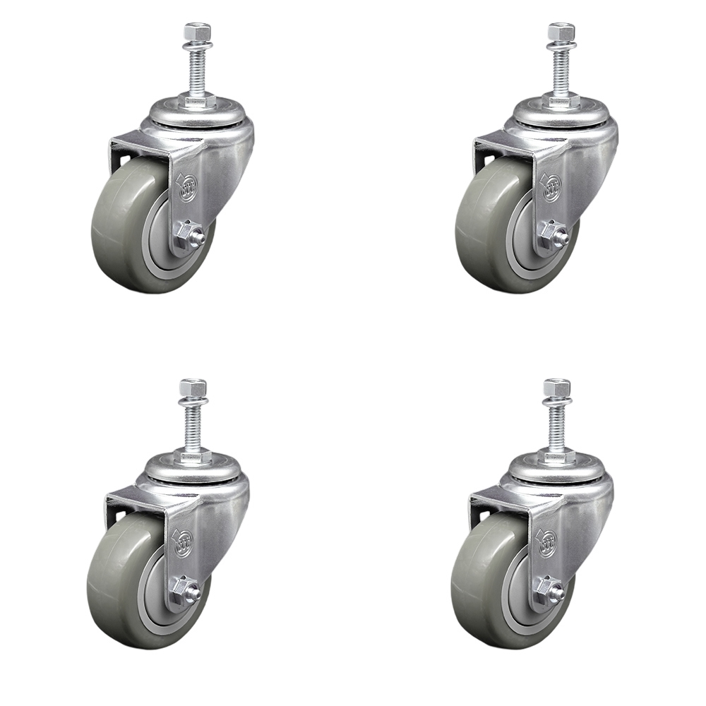 Polyurethane Swivel Threaded Stem Caster Set of 4 w/3.5" x 1.25" Gray Wheels and 10mm Stems - Includes 4 Swivel - 1200 lbs Total Capacity - Service Caster Brand — photo 1