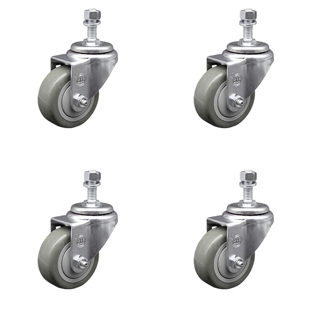 Polyurethane Swivel Threaded Stem Caster Set of 4 w/3.5" x 1.25" Gray Wheels and 12mm Stems - Includes 4 Swivel - 1200 lbs Total Capacity - Service Caster Brand — photo 1