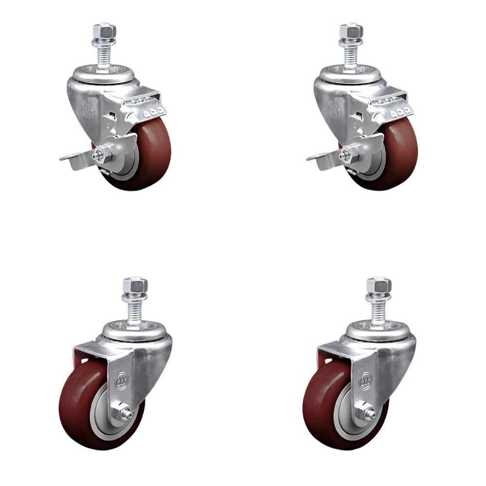 Polyurethane Swivel Threaded Stem Caster Set of 4 w/3.5" x 1.25" Maroon Wheels and 1/2" Stems - Includes 2 with Top Locking Brake - 1200 lbs Total Capacity - Service Caster Brand — photo 1