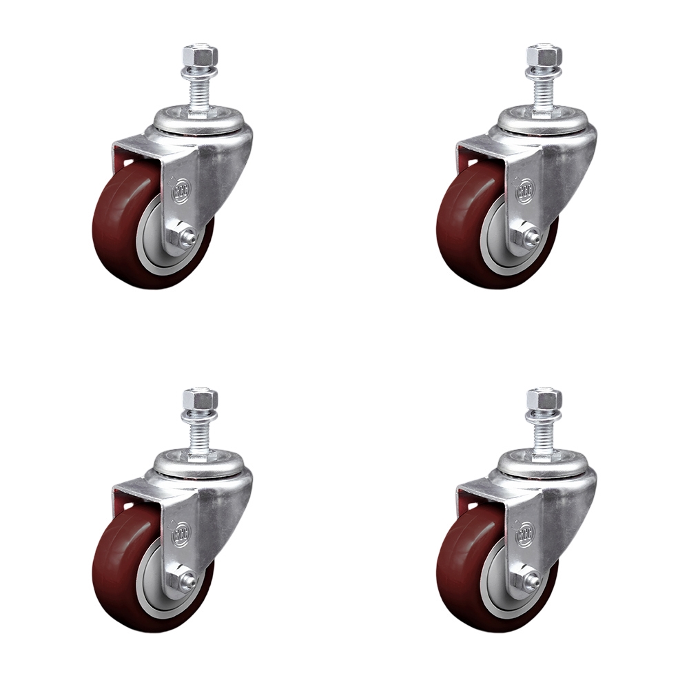 Polyurethane Swivel Threaded Stem Caster Set of 4 w/3.5" x 1.25" Maroon Wheels and 1/2" Stems - Includes 4 Swivel - 1200 lbs Total Capacity - Service Caster Brand — photo 1