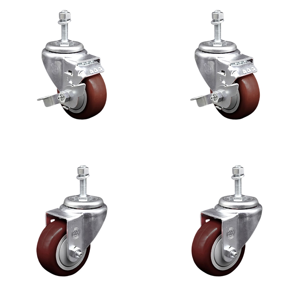 Polyurethane Swivel Threaded Stem Caster Set of 4 w/3.5" x 1.25" Maroon Wheels and 3/8" Stems - Includes 2 with Top Locking Brake - 1200 lbs Total Capacity - Service Caster Brand — photo 1