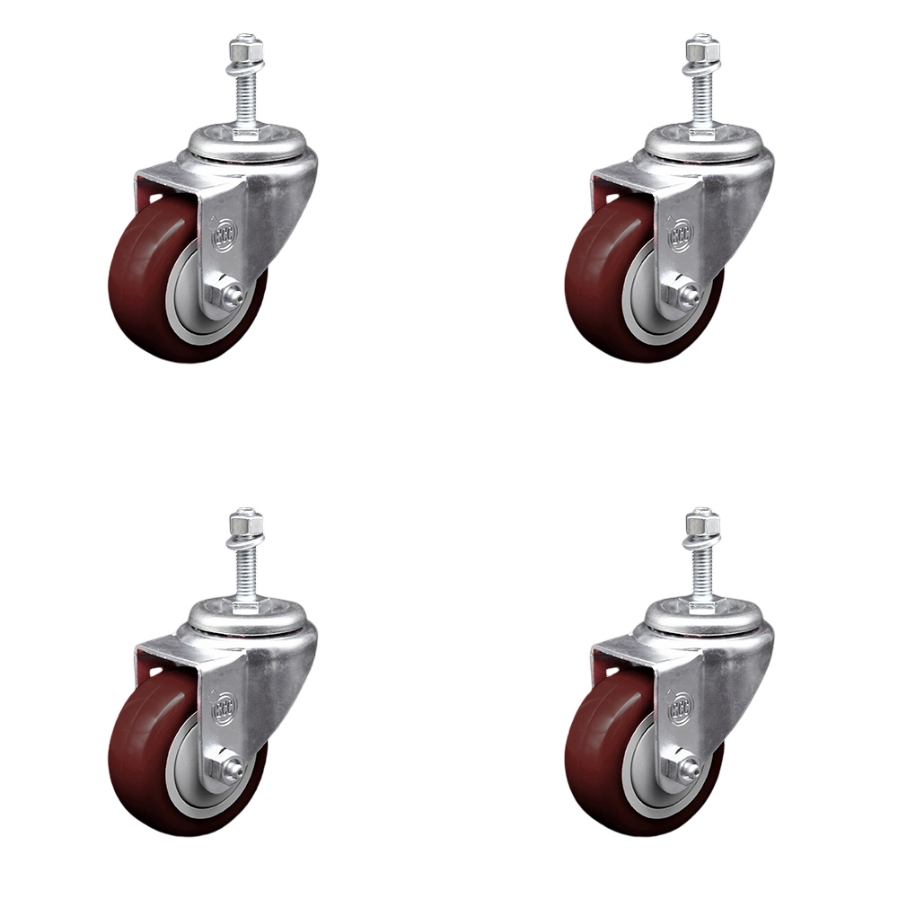 Polyurethane Swivel Threaded Stem Caster Set of 4 w/3.5" x 1.25" Maroon Wheels and 3/8" Stems - Includes 4 Swivel - 1200 lbs Total Capacity - Service Caster Brand — photo 1