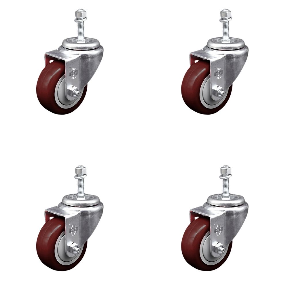 Polyurethane Swivel Threaded Stem Caster Set of 4 w/3.5" x 1.25" Maroon Wheels and 10mm Stems - Includes 4 Swivel - 1200 lbs Total Capacity - Service Caster Brand — photo 1