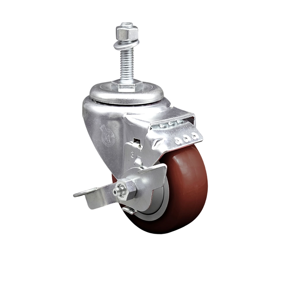 Polyurethane Swivel Threaded Stem Caster w/3.5" x 1.25"  Maroon Wheel and 10mm Stem & Top Locking Brake - 300 lbs Capacity/Caster - Service Caster Brand — photo 1