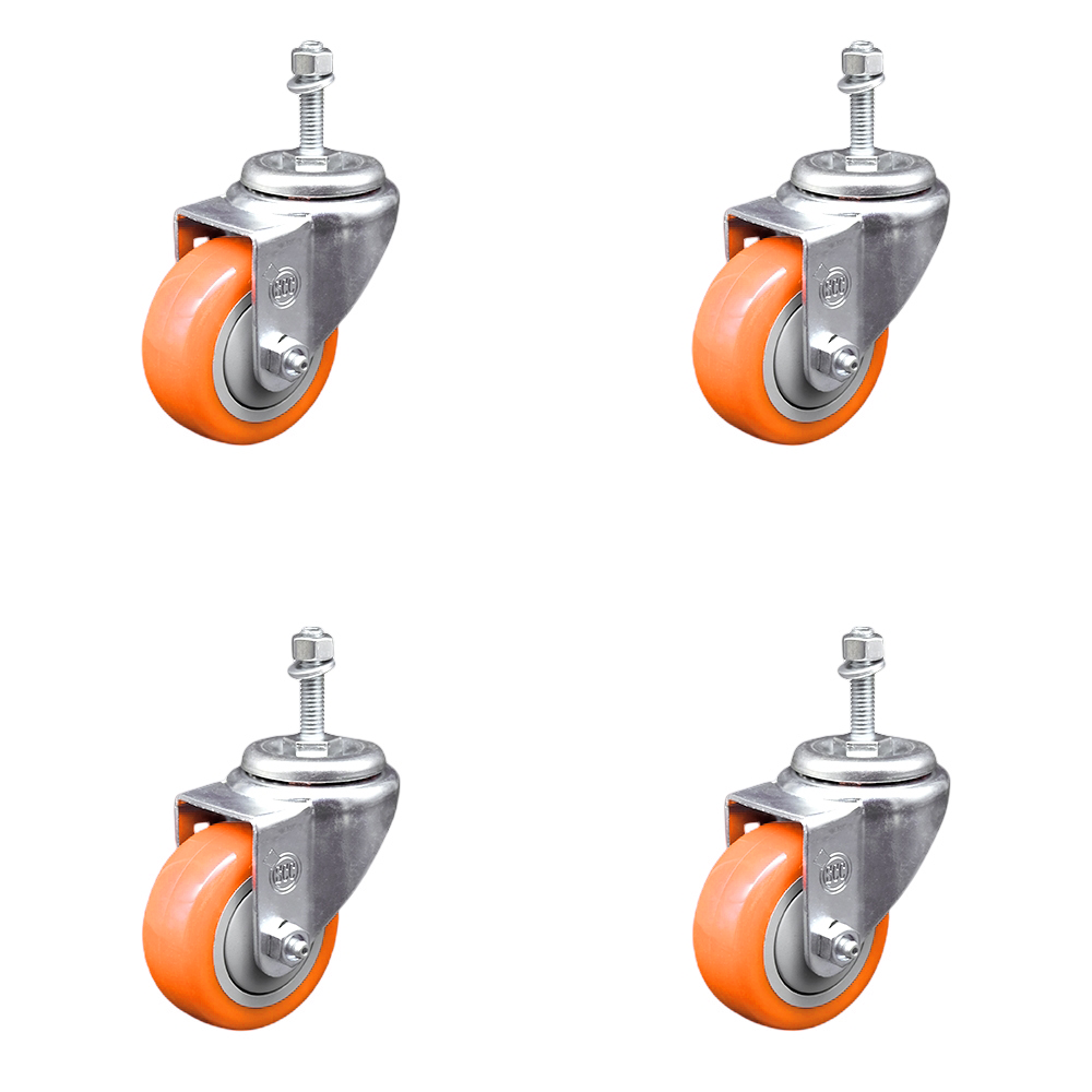 Polyurethane Swivel Threaded Stem Caster Set of 4 w/3.5" x 1.25" Orange Wheels and 3/8" Stems - Includes 4 Swivel - 1200 lbs Total Capacity - Service Caster Brand — photo 1