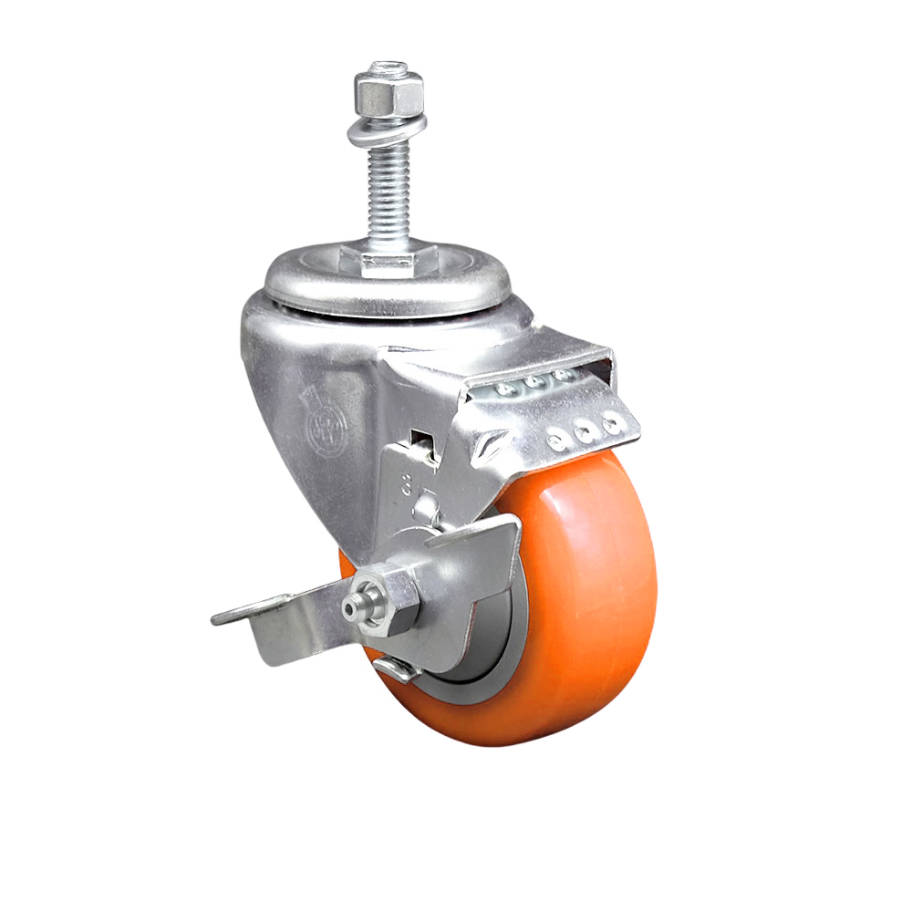 Polyurethane Swivel Threaded Stem Caster w/3.5" x 1.25" Orange Wheel and 3/8" Stem & Top Locking Brake - 300 lbs Capacity/Caster - Service Caster Brand — photo 1