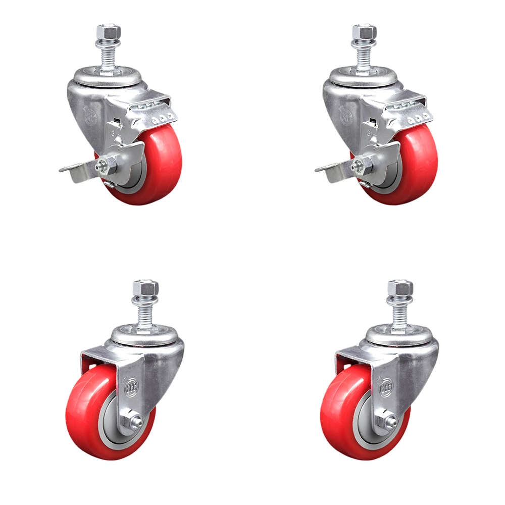 Polyurethane Swivel Threaded Stem Caster Set of 4 w/3.5" x 1.25" Red Wheels and 1/2" Stems - Includes 2 with Top Locking Brake - 1200 lbs Total Capacity - Service Caster Brand