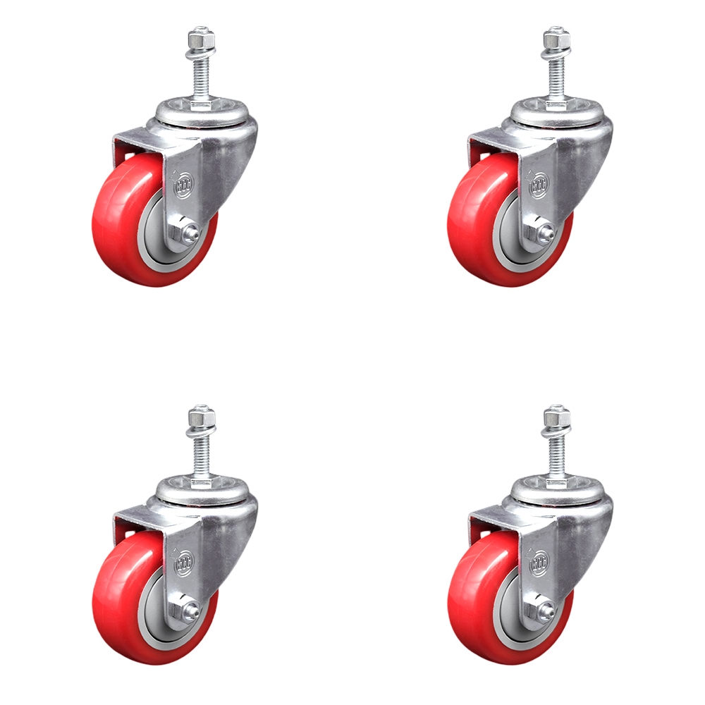 Polyurethane Swivel Threaded Stem Caster Set of 4 w/3.5" x 1.25" Red Wheels and 3/8" Stems - Includes 4 Swivel - 1200 lbs Total Capacity - Service Caster Brand — photo 1