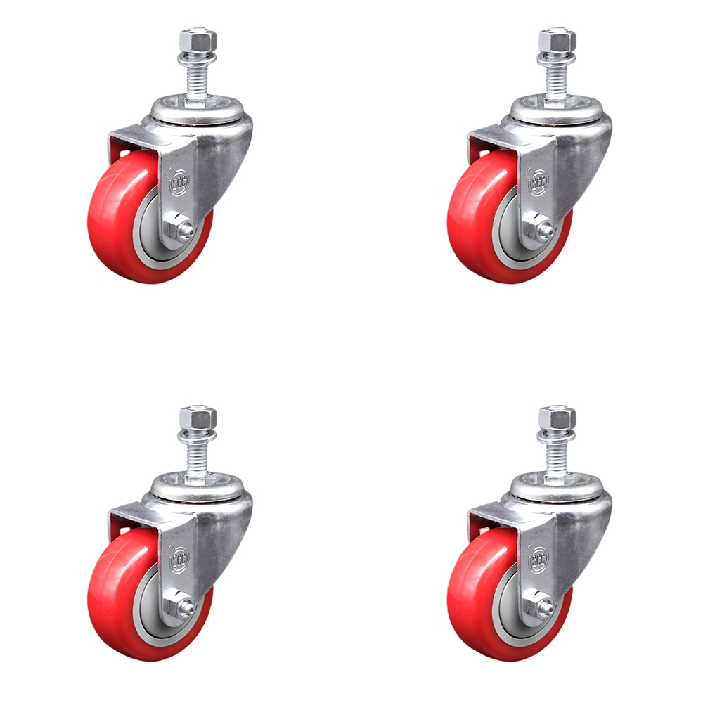 Polyurethane Swivel Threaded Stem Caster Set of 4 w/3.5" x 1.25" Red Wheels and 12mm Stems - Includes 4 Swivel - 1200 lbs Total Capacity - Service Caster Brand — photo 1