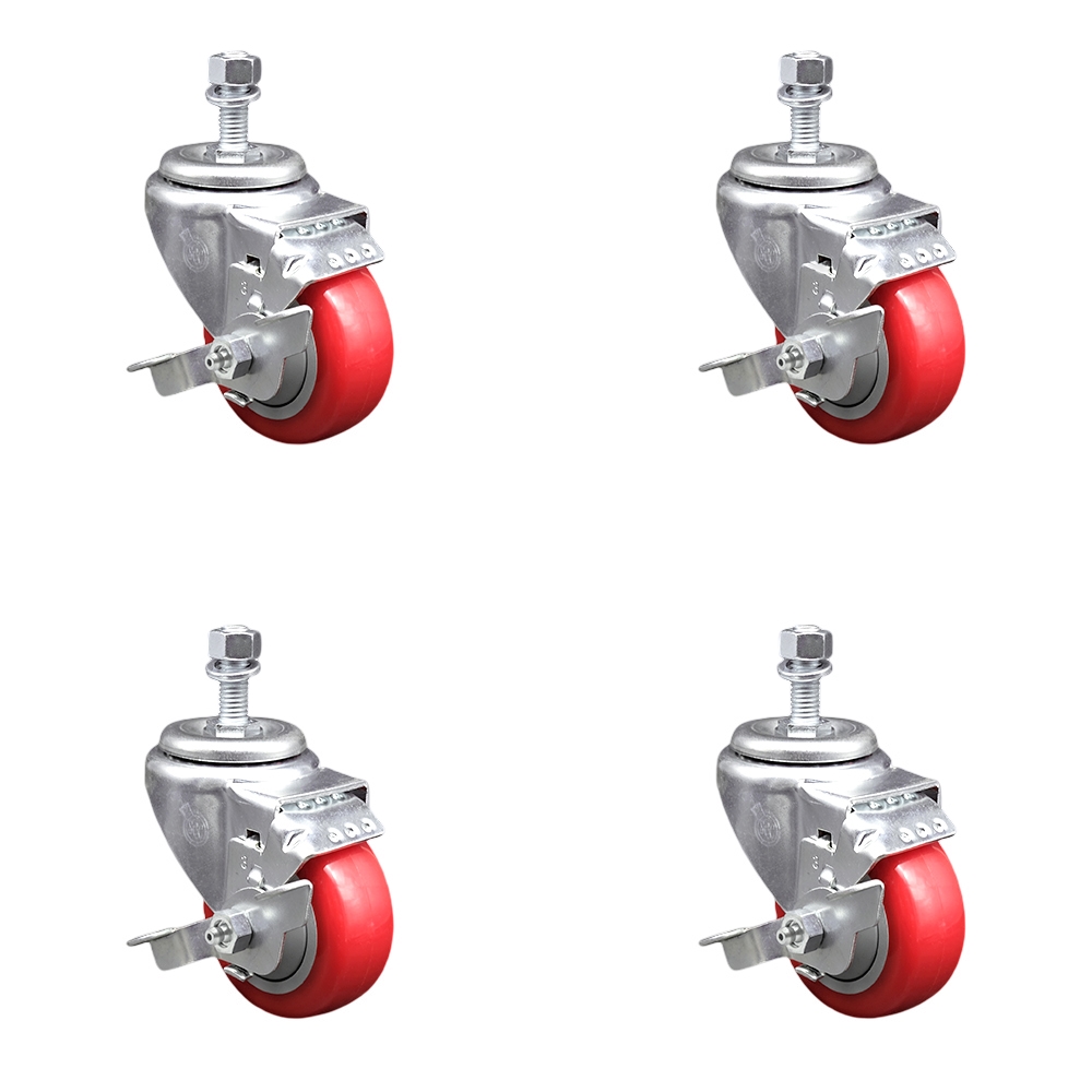 Polyurethane Swivel Threaded Stem Caster Set of 4 w/3.5" x 1.25" Red Wheels and 1/2" Stems - Includes 4 with Top Lock Brakes - 1200 lbs Total Capacity - Service Caster Brand — photo 1