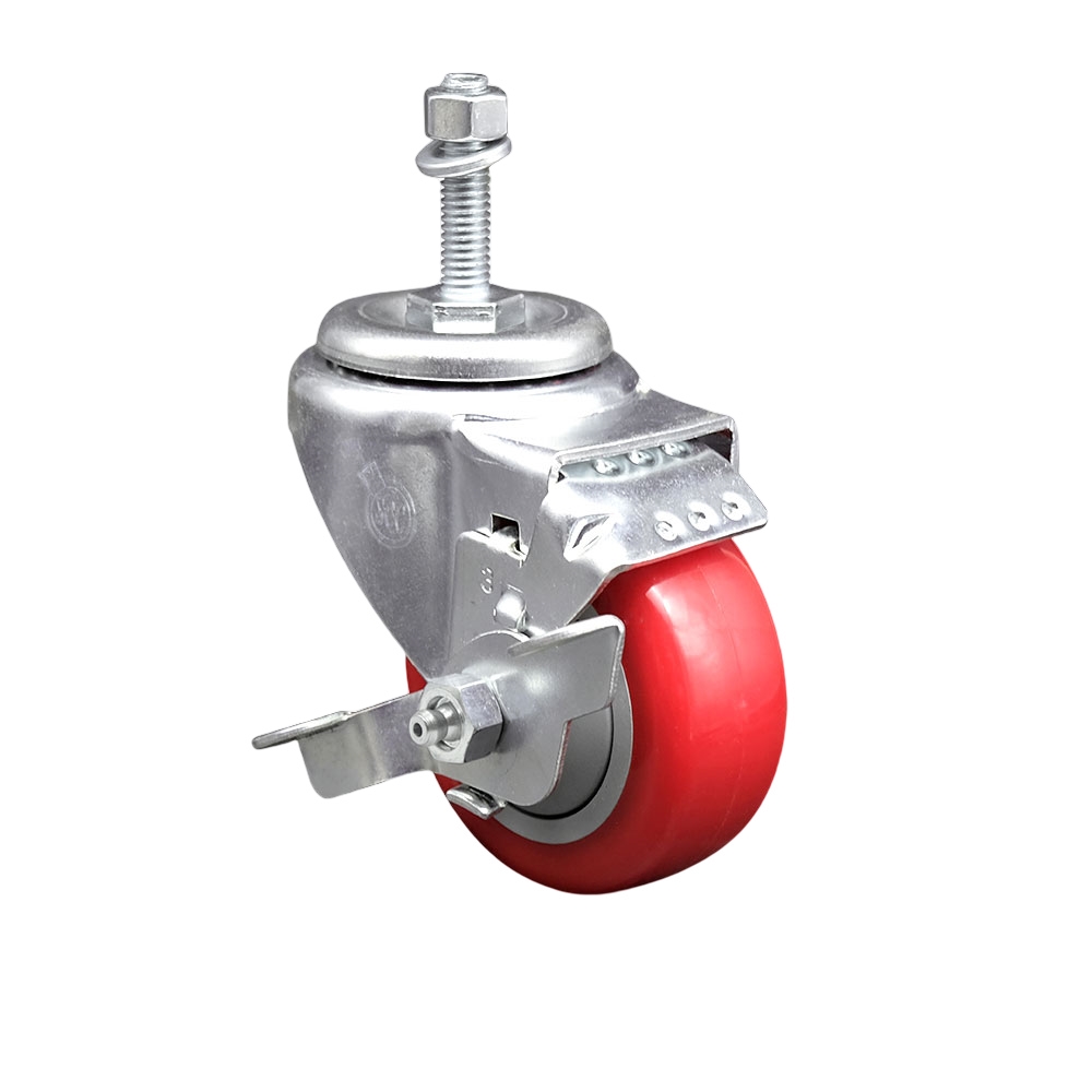 Polyurethane Swivel Threaded Stem Caster w/3.5" x 1.25" Red Wheel and 3/8" Stem & Top Locking Brake - 300 lbs Capacity/Caster - Service Caster Brand — photo 1