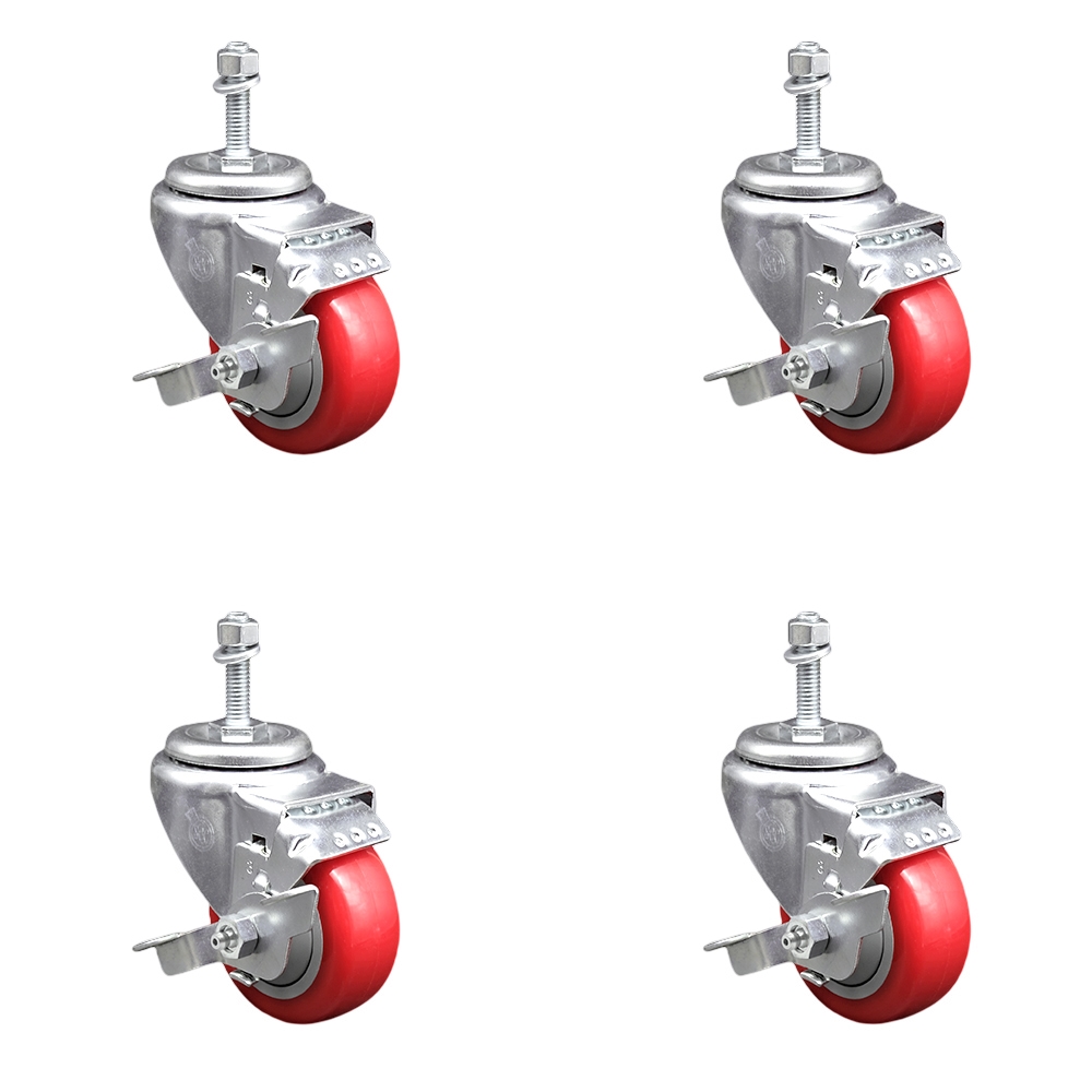 Polyurethane Swivel Threaded Stem Caster Set of 4 w/3.5" x 1.25" Red Wheels and 10mm Stems - Includes 4 with Top Lock Brakes - 1200 lbs Total Capacity - Service Caster Brand — photo 1
