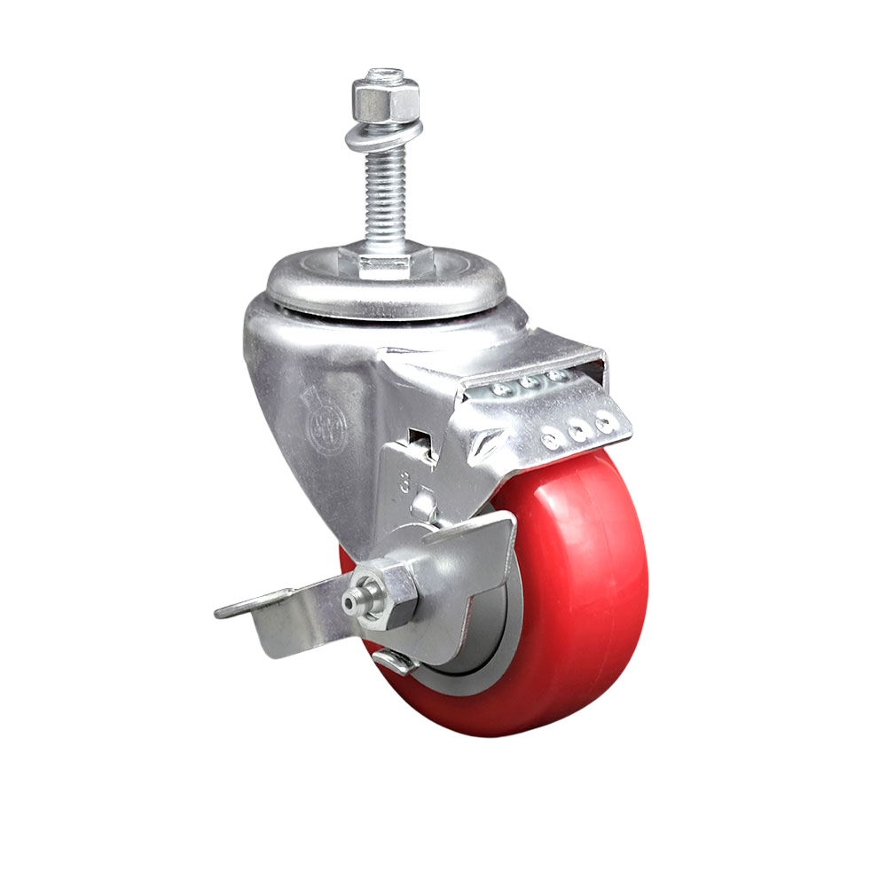 Polyurethane Swivel Threaded Stem Caster w/3.5" x 1.25" Red Wheel and 10mm Stem & Top Locking Brake - 300 lbs Capacity/Caster - Service Caster Brand — photo 1
