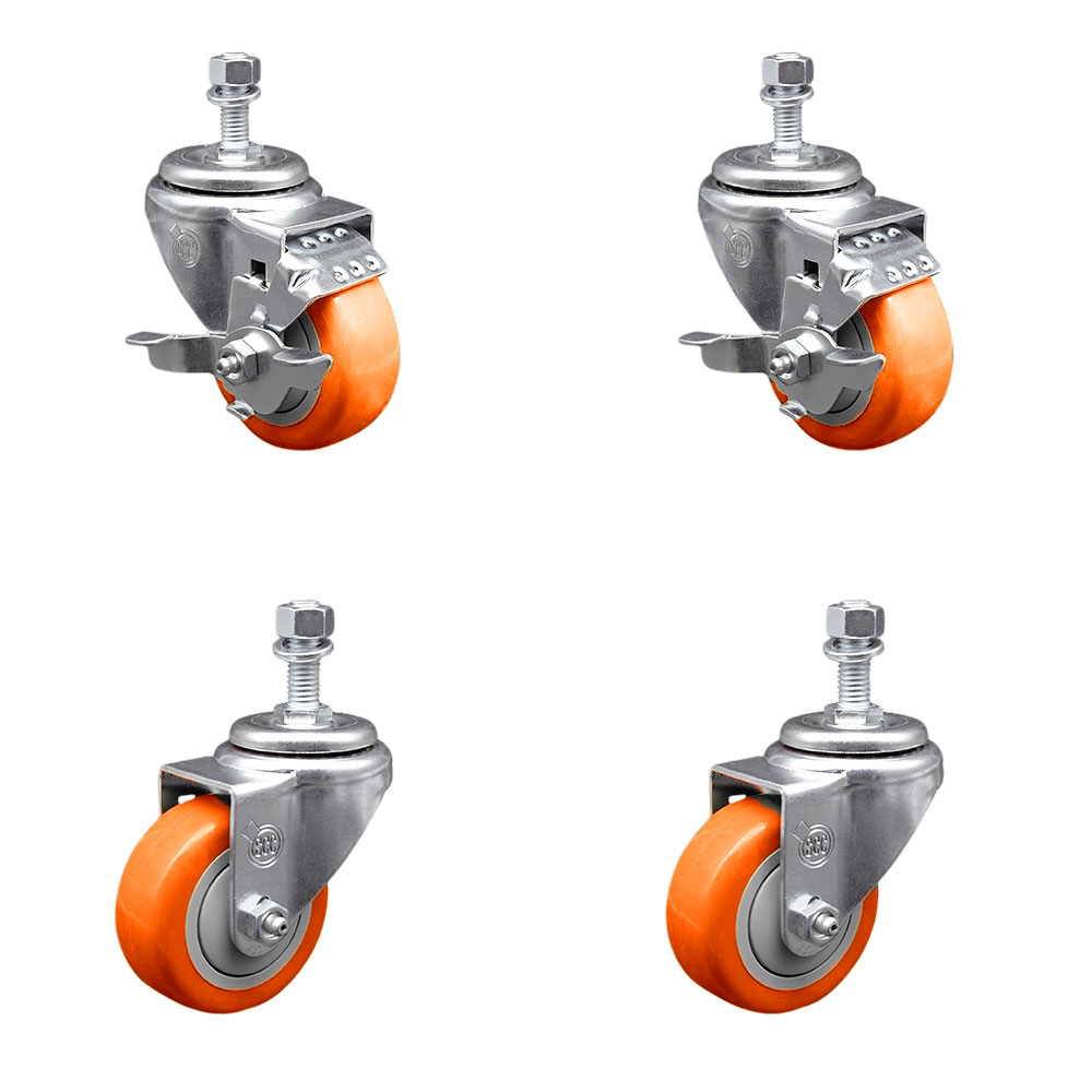 Polyurethane Swivel Threaded Stem Caster Set of 4 w/3.5" x 1.25" Orange Wheels and 1/2" Stems - Includes 2 with Top Locking Brake - 1200 lbs Total Capacity - Service Caster Brand — photo 1