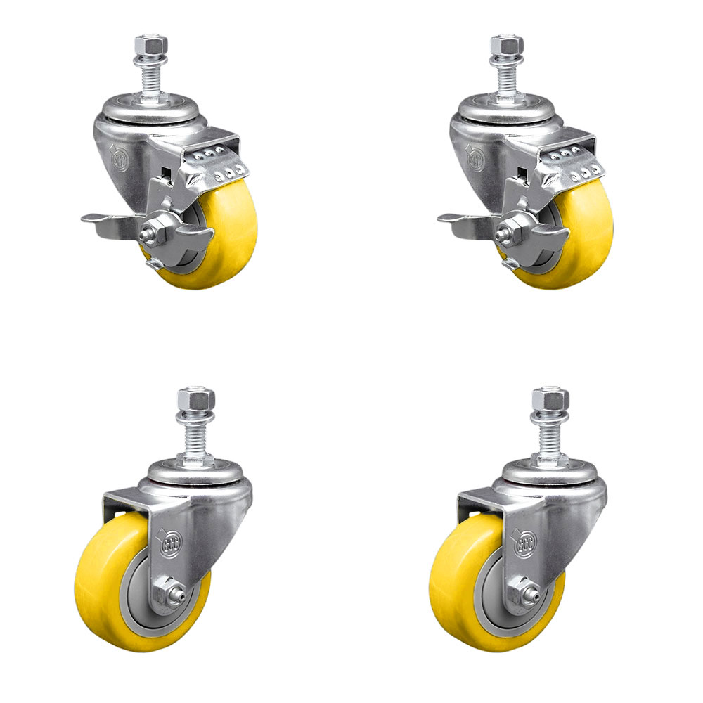 Polyurethane Swivel Threaded Stem Caster Set of 4 w/3.5" x 1.25" Yellow Wheels and 1/2" Stems - Includes 2 with Top Locking Brake - 1200 lbs Total Capacity - Service Caster Brand — photo 1