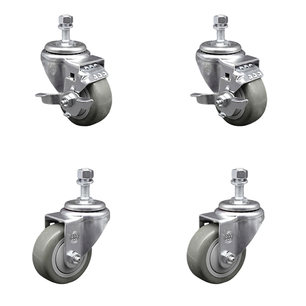 Polyurethane Swivel Threaded Stem Caster Set of 4 w/3.5" x 1.25" Gray Wheels and 1/2" Stems - Includes 2 with Top Locking Brake - 1200 lbs Total Capacity - Service Caster Brand — photo 1