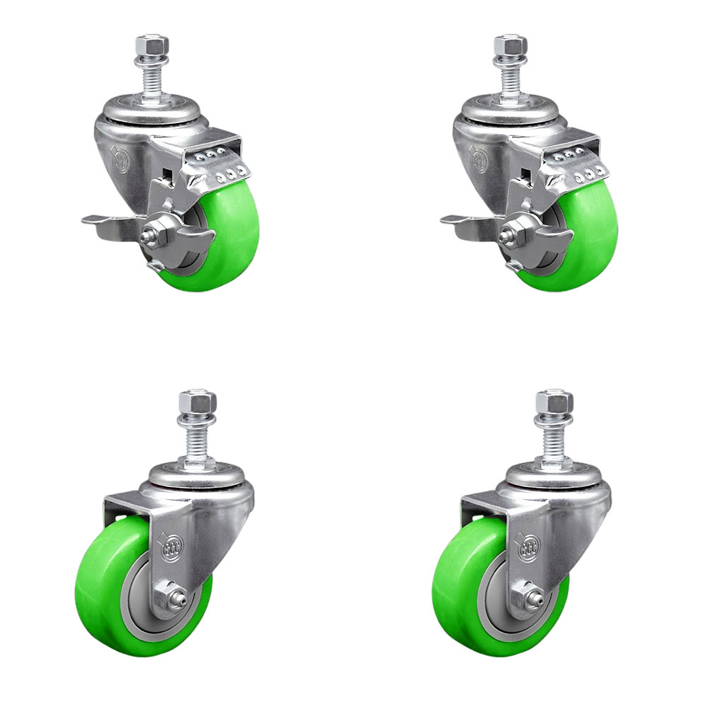 Polyurethane Swivel Threaded Stem Caster Set of 4 w/3.5" x 1.25" Green Wheels and 1/2" Stems - Includes 2 with Top Locking Brake - 1200 lbs Total Capacity - Service Caster Brand — photo 1