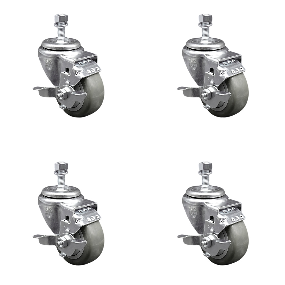Polyurethane Swivel Threaded Stem Caster Set of 4 w/3.5" x 1.25" Gray Wheels and 1/2" Stems - Includes 4 with Top Lock Brakes - 1200 lbs Total Capacity - Service Caster Brand — photo 1