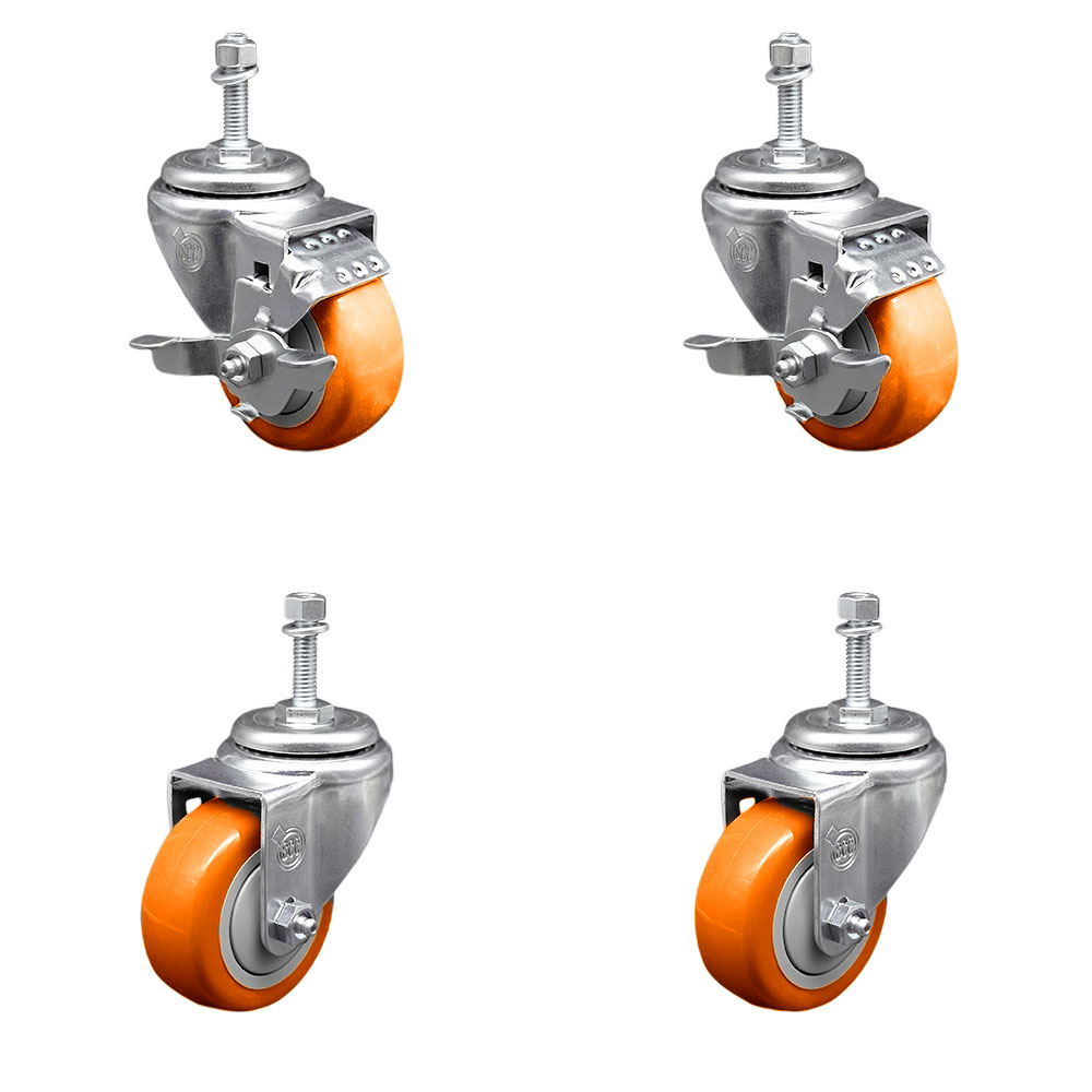 Polyurethane Swivel Threaded Stem Caster Set of 4 w/3.5" x 1.25" Orange Wheels and 3/8" Stems - Includes 2 with Top Locking Brake - 1200 lbs Total Capacity - Service Caster Brand — photo 1