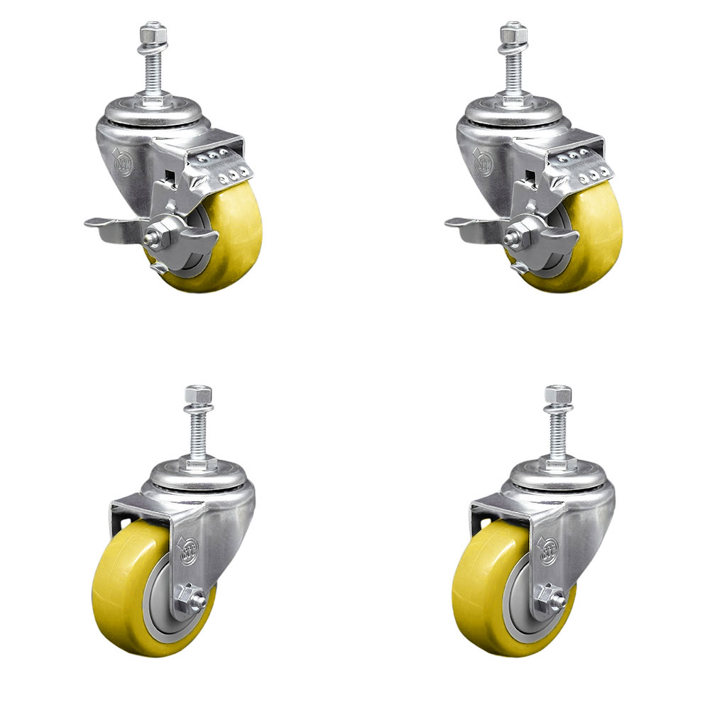 Polyurethane Swivel Threaded Stem Caster Set of 4 w/3.5" x 1.25" Yellow Wheels and 3/8" Stems - Includes 2 with Top Locking Brake - 1200 lbs Total Capacity - Service Caster Brand — photo 1