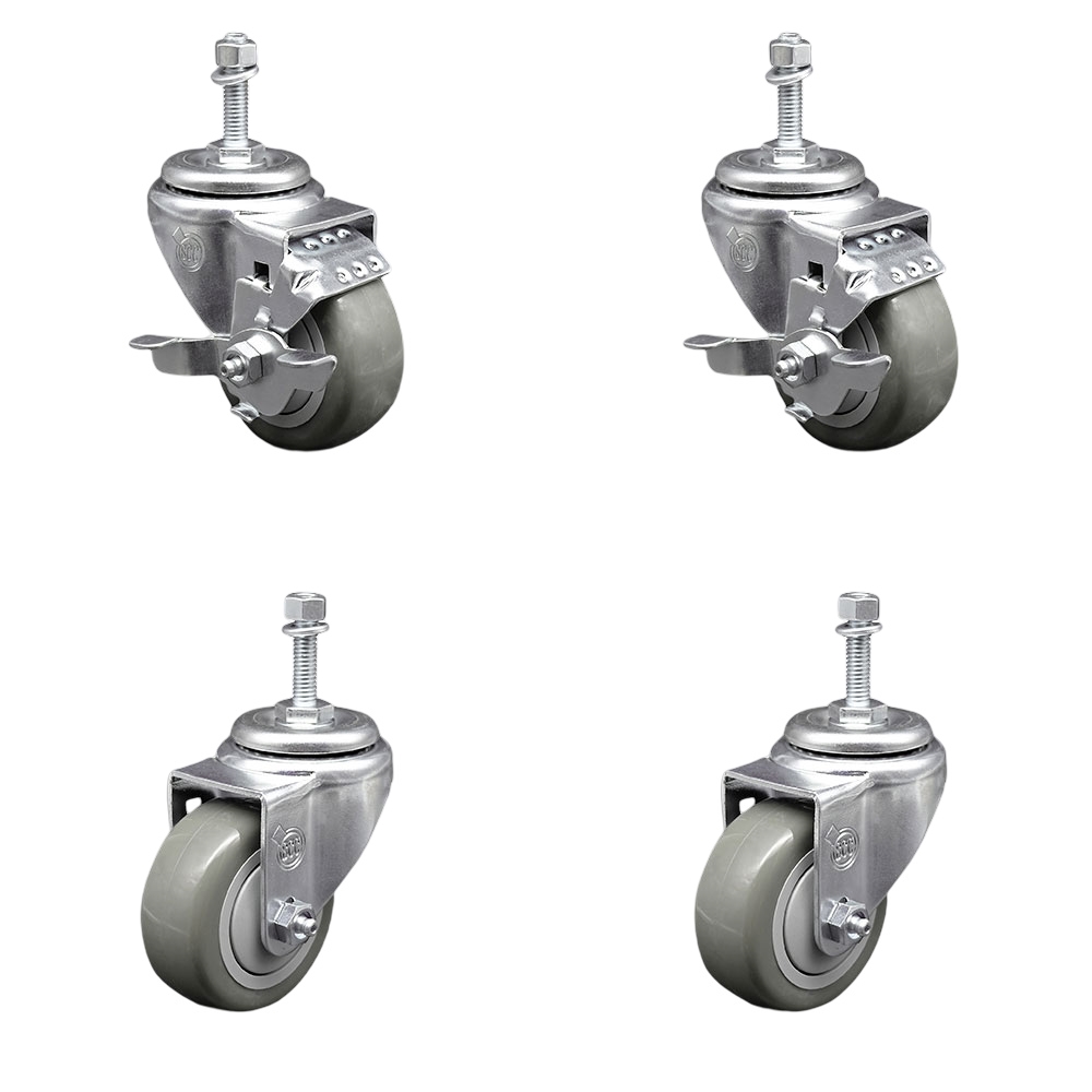 Polyurethane Swivel Threaded Stem Caster Set of 4 w/3.5" x 1.25" Gray Wheels and 3/8" Stems - Includes 2 with Top Locking Brake - 1200 lbs Total Capacity - Service Caster Brand — photo 1