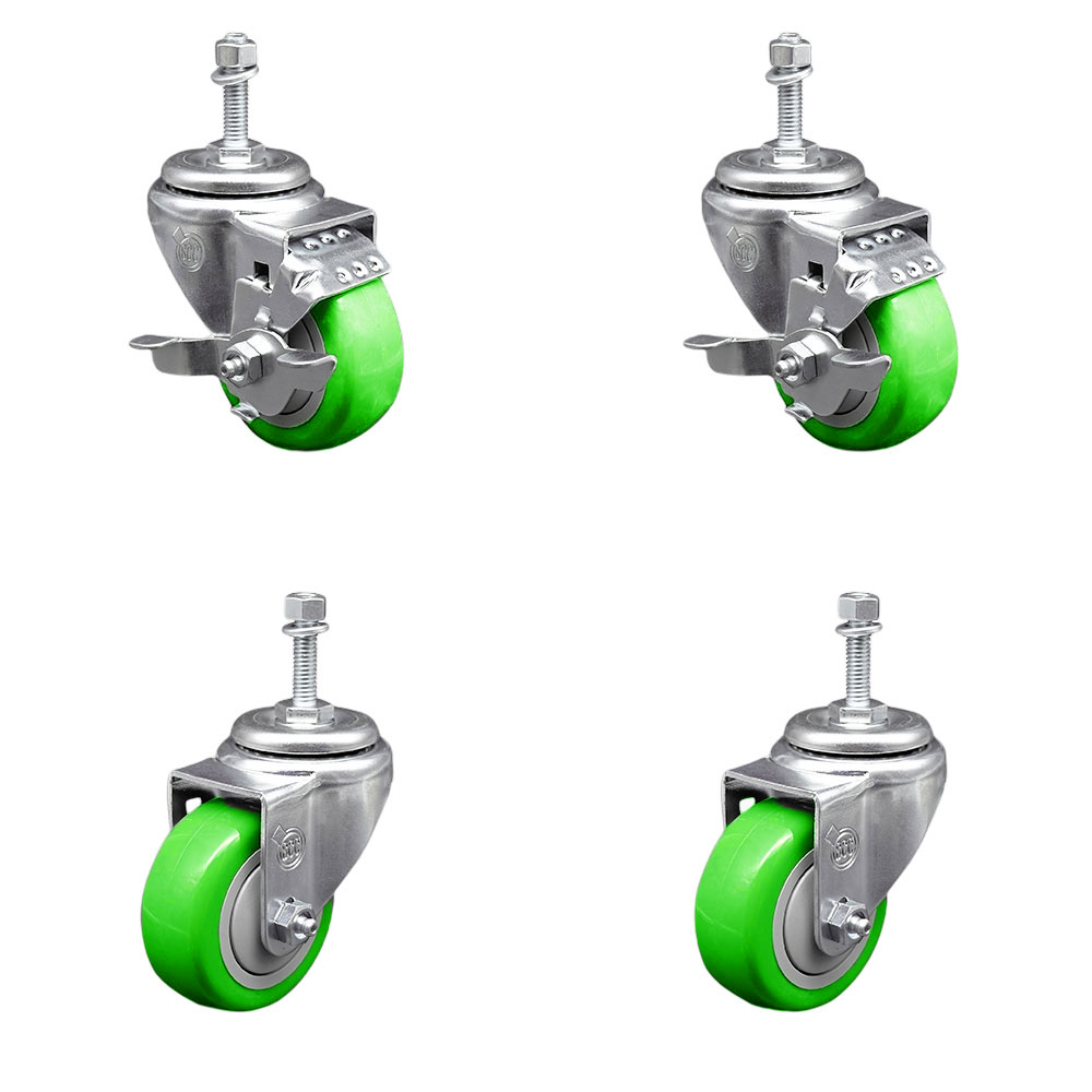 Polyurethane Swivel Threaded Stem Caster Set of 4 w/3.5" x 1.25" Green Wheels and 3/8" Stems - Includes 2 with Top Locking Brake - 1200 lbs Total Capacity - Service Caster Brand — photo 1