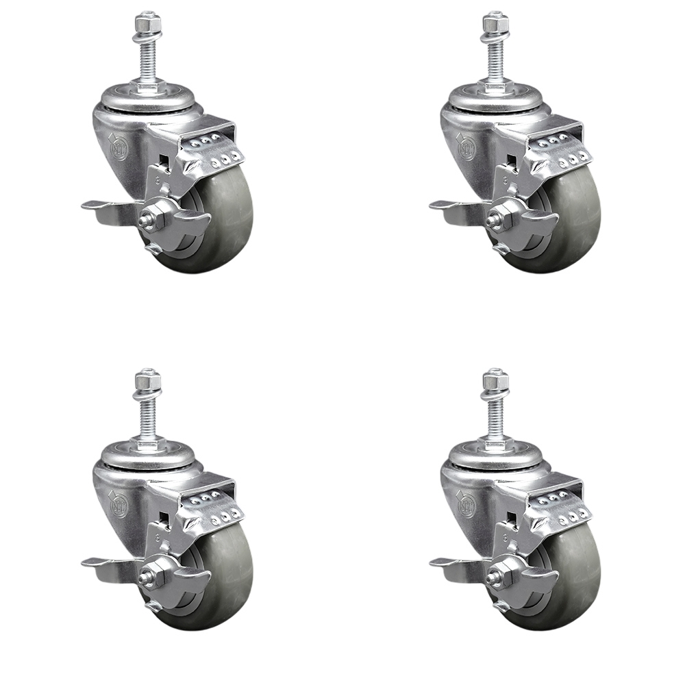 Polyurethane Swivel Threaded Stem Caster Set of 4 w/3.5" x 1.25" Gray Wheels and 3/8" Stems - Includes 4 with Top Lock Brakes - 1200 lbs Total Capacity - Service Caster Brand — photo 1