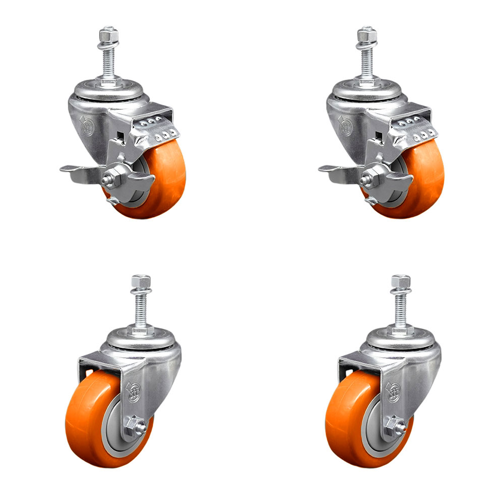 Polyurethane Swivel Threaded Stem Caster Set of 4 w/3.5" x 1.25" Orange Wheels and 10mm Stems - Includes 2 with Top Locking Brake - 1200 lbs Total Capacity - Service Caster Brand — photo 1