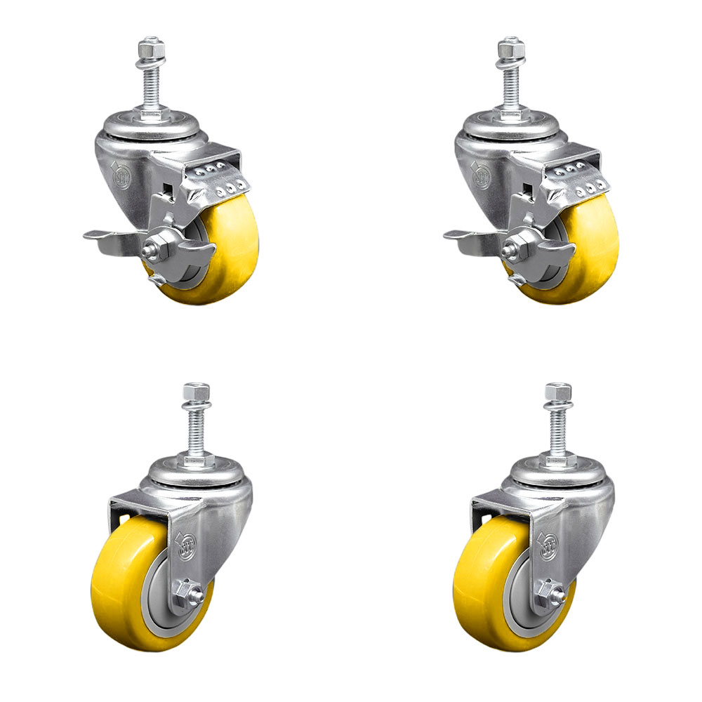 Polyurethane Swivel Threaded Stem Caster Set of 4 w/3.5" x 1.25" Yellow Wheels and 10mm Stems - Includes 2 with Top Locking Brake - 1200 lbs Total Capacity - Service Caster Brand — photo 1
