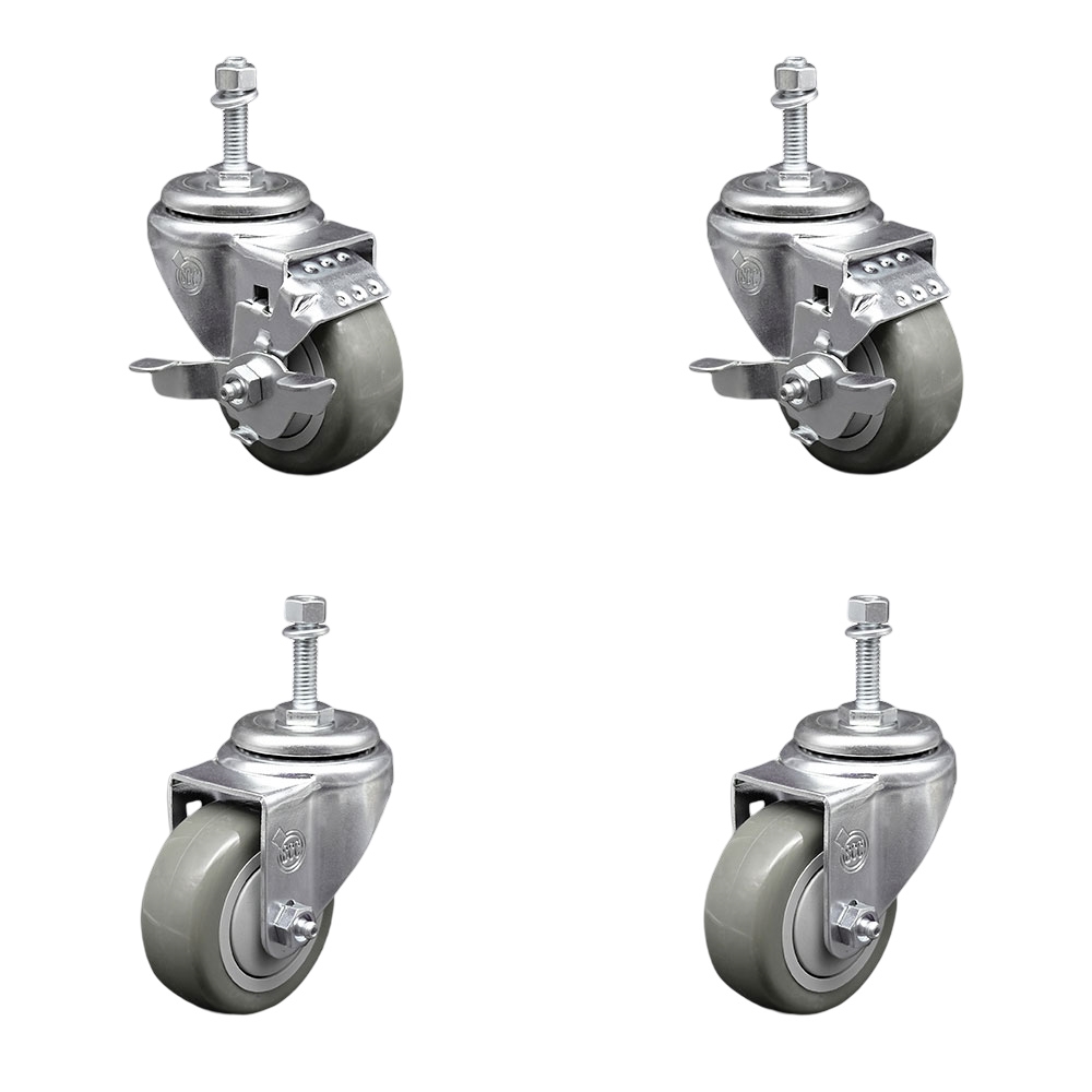 Polyurethane Swivel Threaded Stem Caster Set of 4 w/3.5" x 1.25" Gray Wheels and 10mm Stems - Includes 2 with Top Locking Brake - 1200 lbs Total Capacity - Service Caster Brand — photo 1