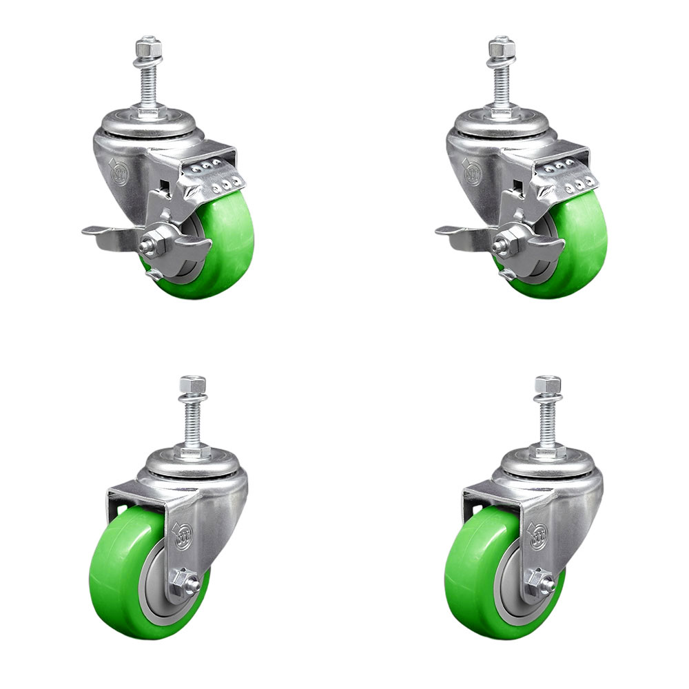 Polyurethane Swivel Threaded Stem Caster Set of 4 w/3.5" x 1.25" Green Wheels and 10mm Stems - Includes 2 with Top Locking Brake - 1200 lbs Total Capacity - Service Caster Brand — photo 1